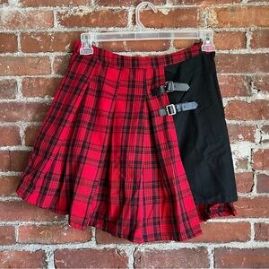 Red Plaid Skirt with Black Panel